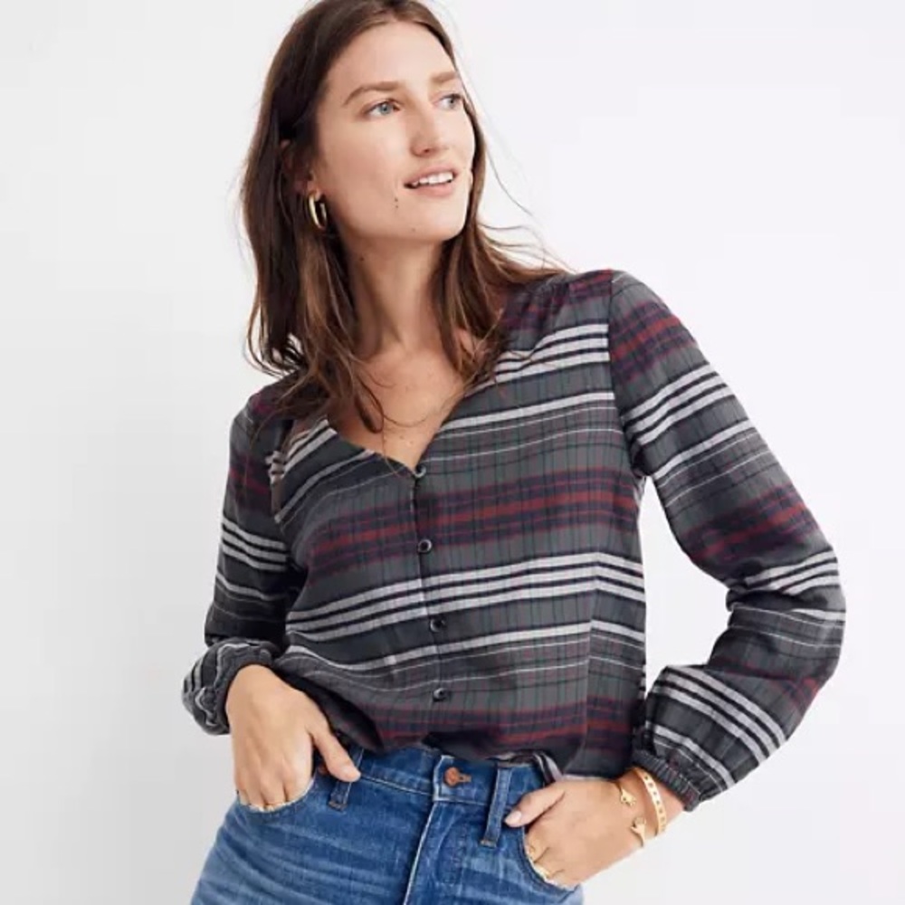 Madewell V-Neck Button-Down Shirt Pineview Plaid 100% cotton flannel size XXS
